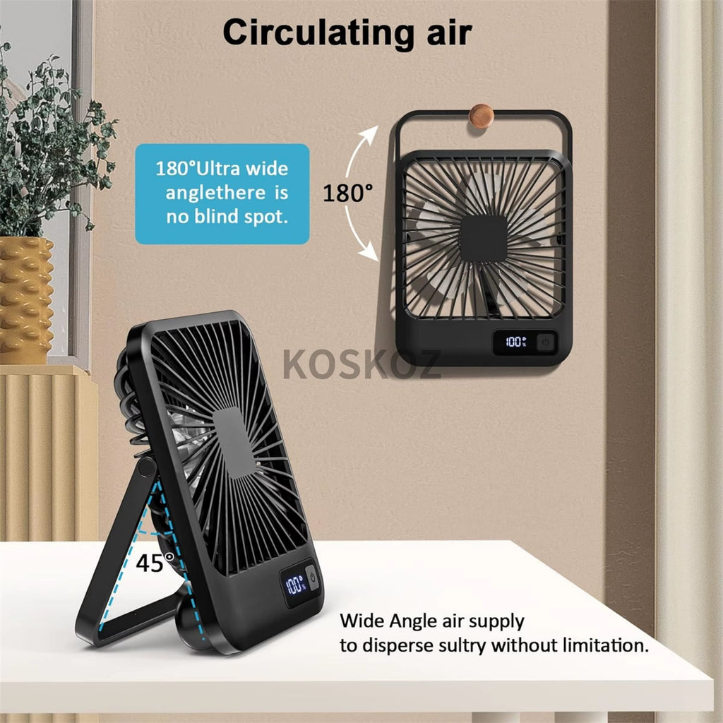  Portable Desk Fan - USB Rechargeable, 180° Tilt Folding Personal Fan with Power Display, 5 Speeds Ultra Quiet Table Fan