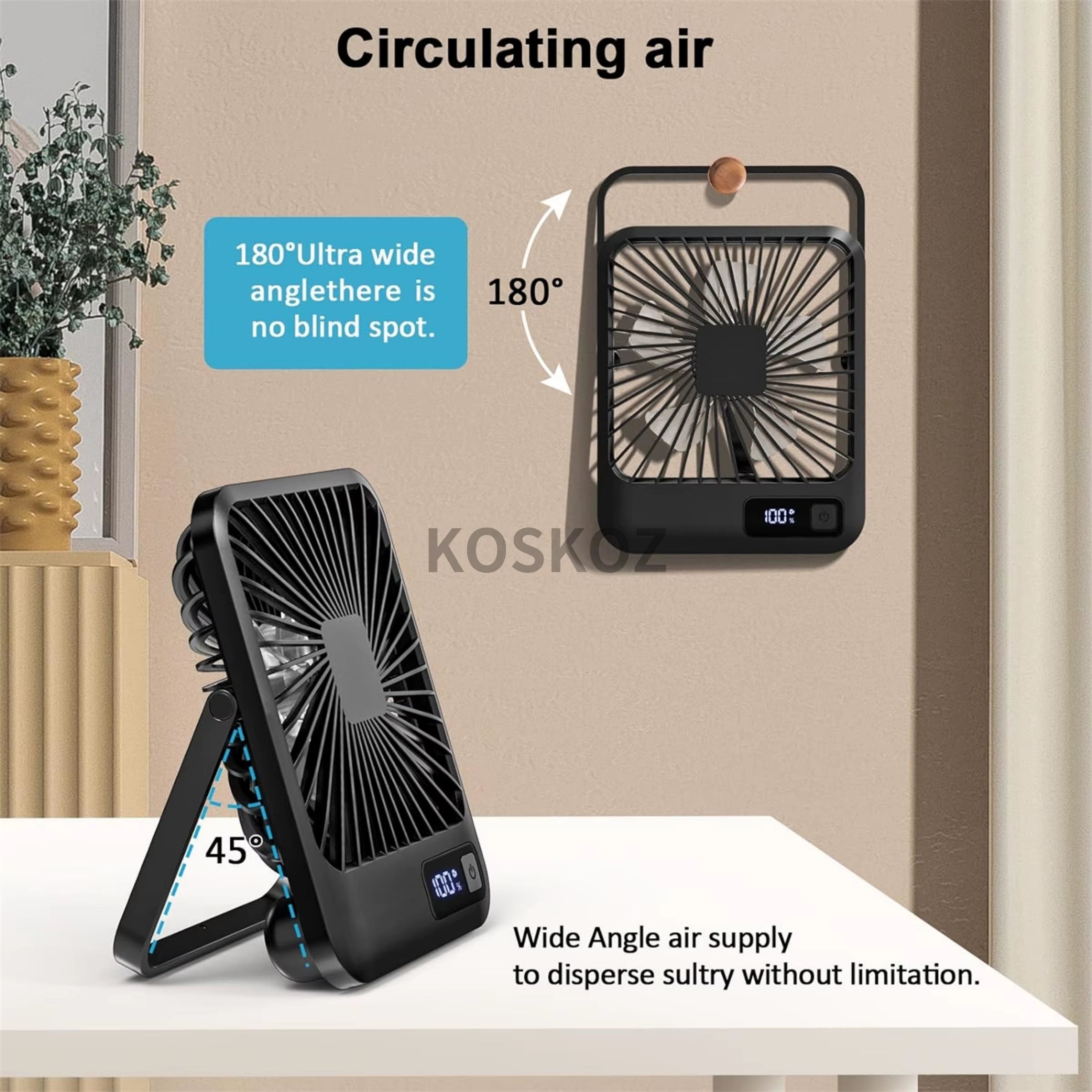  Portable Desk Fan - USB Rechargeable, 180° Tilt Folding Personal Fan with Power Display, 5 Speeds Ultra Quiet Table Fan