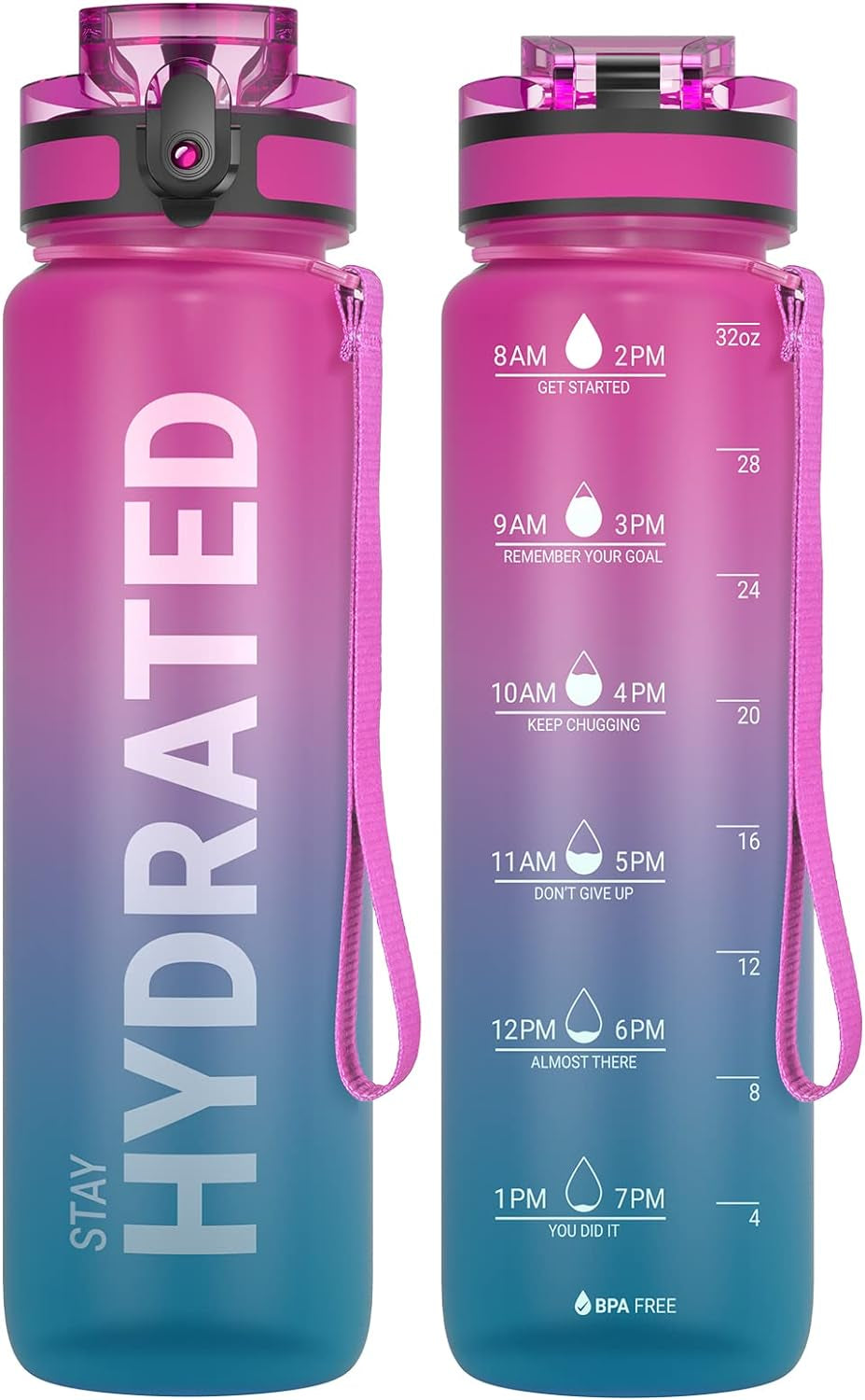 Motivational Sports Water Bottle with Time Marker - BPA Free, Wide Mouth Leakproof, Fast Flow Technology with Clean Brush (1 Bottle)