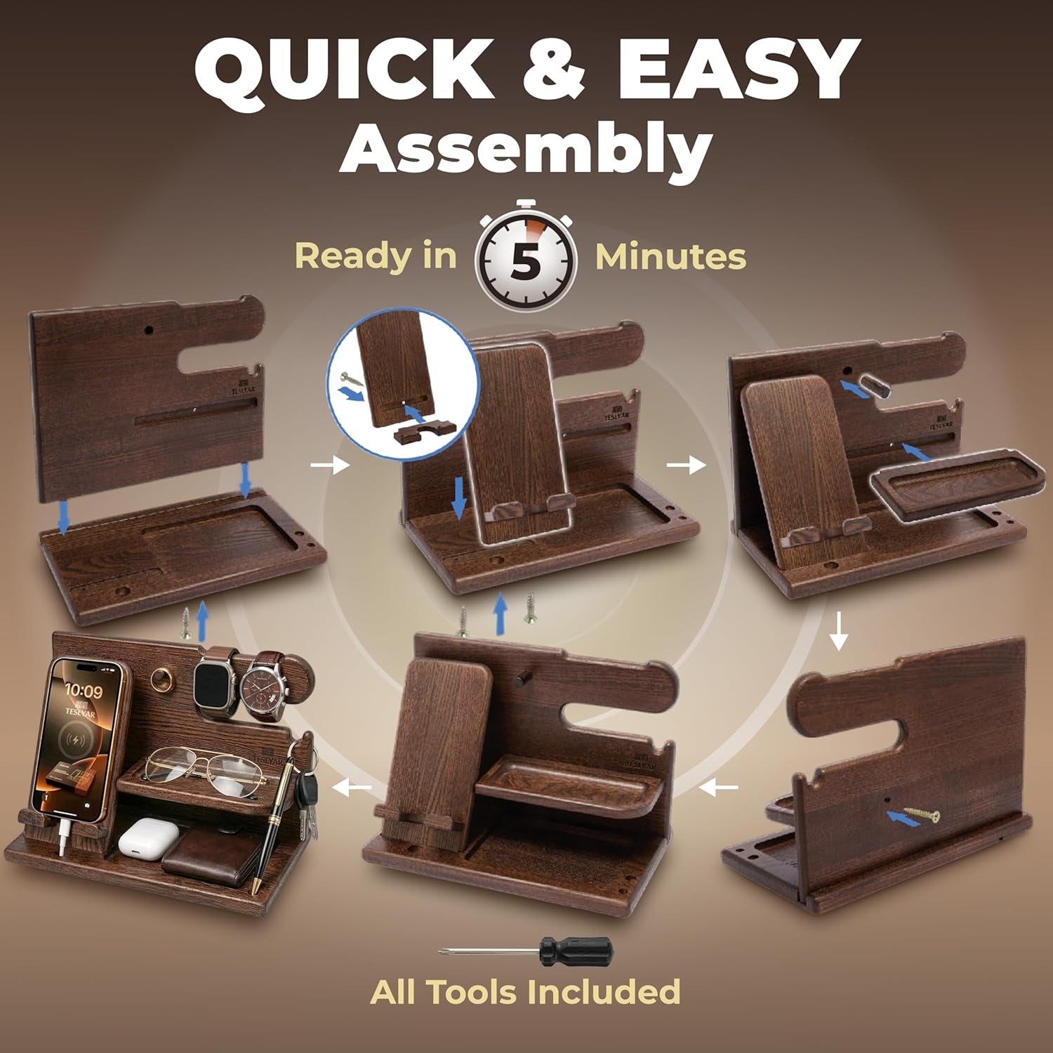 Ultimate Phone Docking Station - Desk or Nightstand Organizer -  (Bourbon Brown/Wood Finish) 