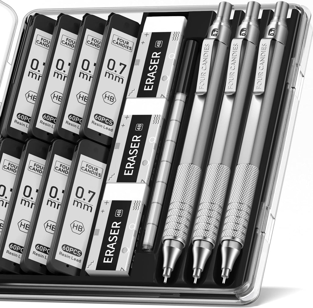 0.7Mm Mechanical Lead Pencil Set with Case - 3PCS, 8 Tubes (480PCS) HB Lead Refills, 3 Erasers, 9 Eraser Refills