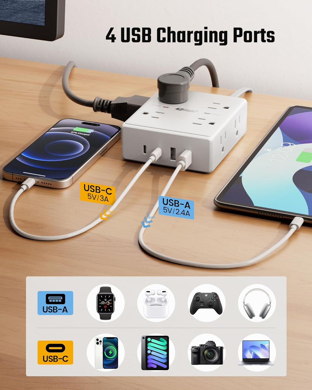 Ultimate Surge Protector Power Bar - 6 Ft Extension Cord with 8 Outlets & 4 USB Ports (2 USB-C), Mountable Flat Plug for Home, Office & Dorm Safety