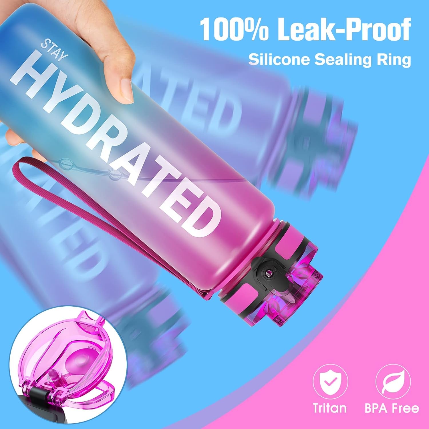 Motivational Sports Water Bottle with Time Marker - BPA Free, Wide Mouth Leakproof, Fast Flow Technology with Clean Brush (1 Bottle)