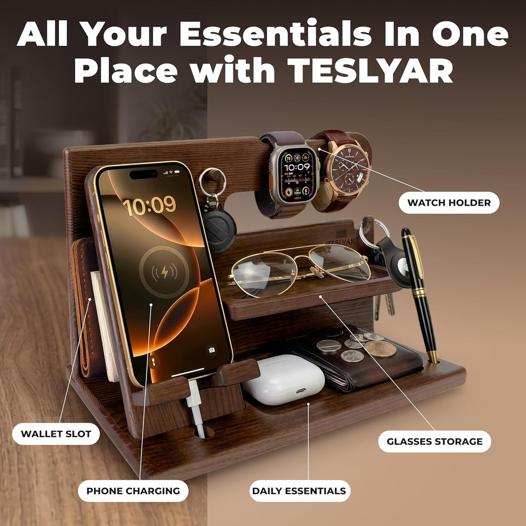 Ultimate Phone Docking Station - Desk or Nightstand Organizer -  (Bourbon Brown/Wood Finish) 