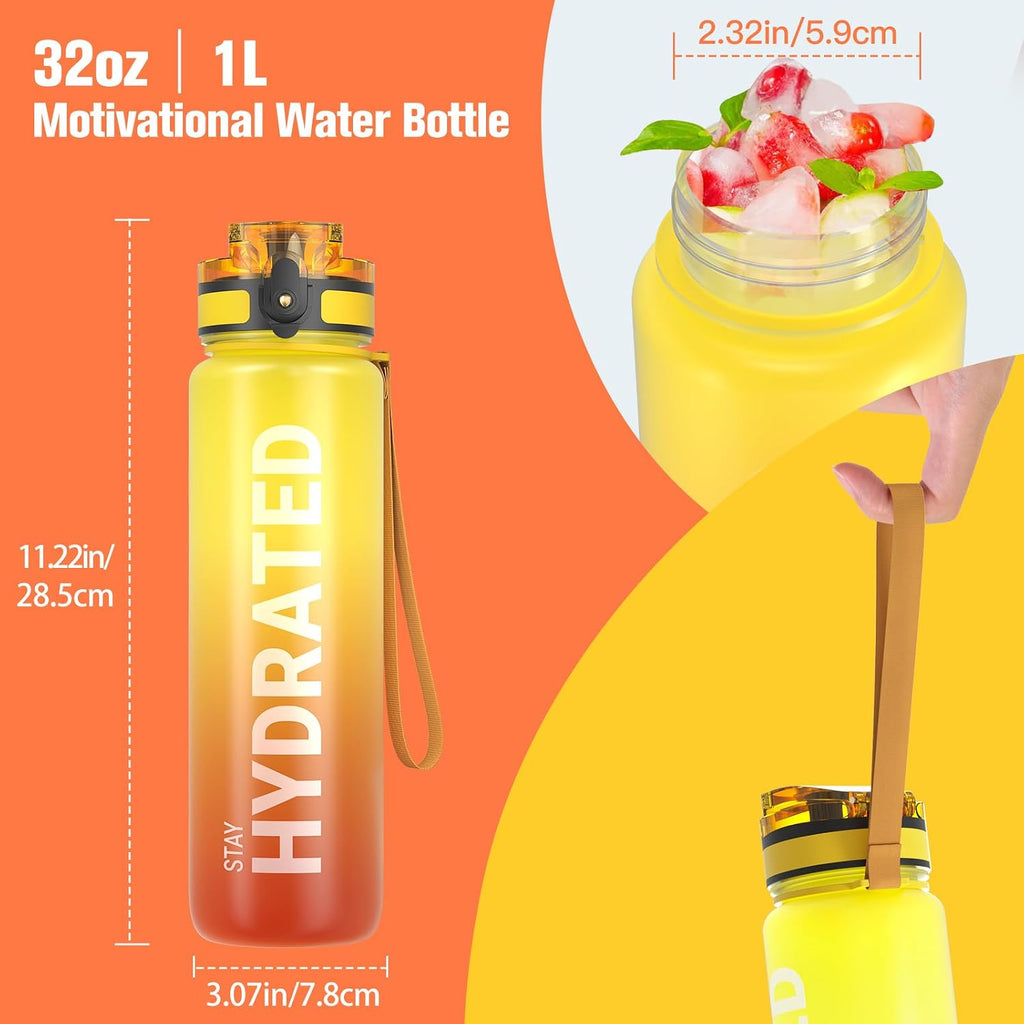 32Oz Motivational Sports Water Bottle with Time Marker - BPA Free, Wide Mouth Leakproof, Fast Flow Technology with Clean Brush (1 Bottle)