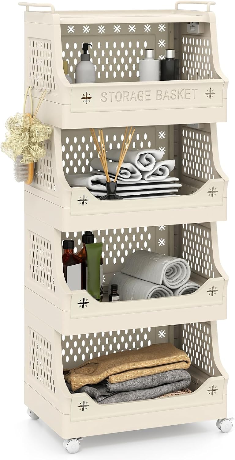 5-Tier Rolling Laundry Cart with Wheels, Folding Laundry Basket W/Handles & Hooks 