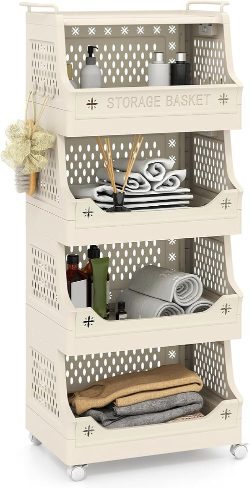 5-Tier Rolling Laundry Cart with Wheels, Folding Laundry Basket W/Handles & Hooks 
