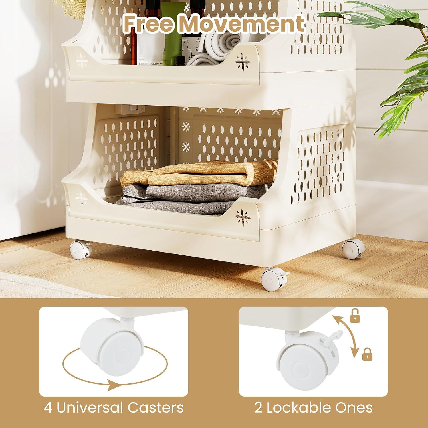5-Tier Rolling Laundry Cart with Wheels, Folding Laundry Basket W/Handles & Hooks 