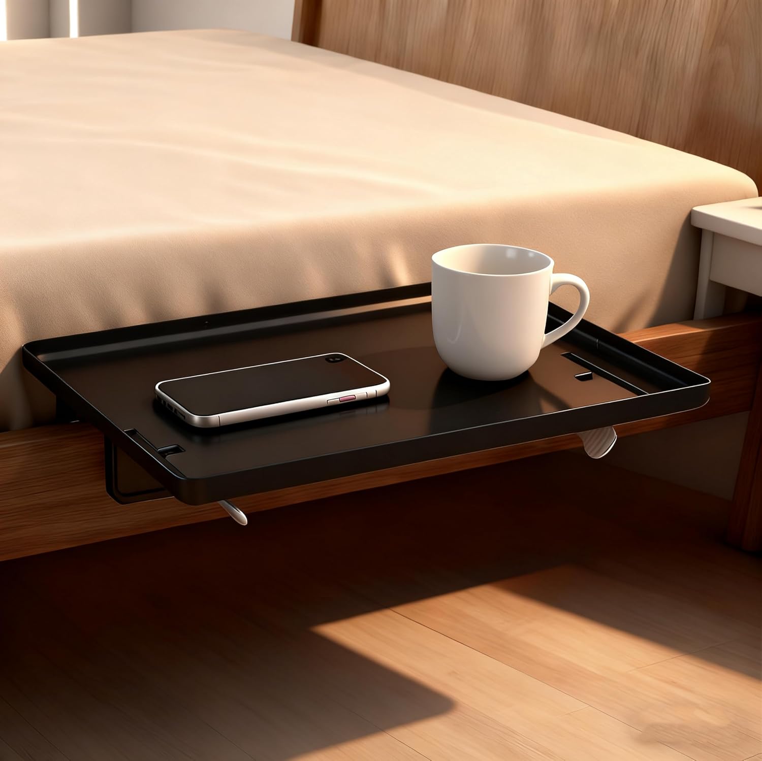 Clip on Bedside Shelf  - Black Plastic Bed Side Tray 