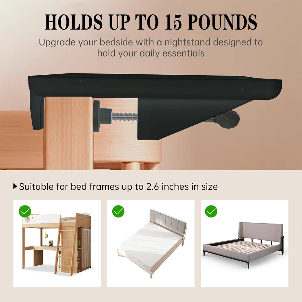 Clip on Bedside Shelf  - Black Plastic Bed Side Tray 