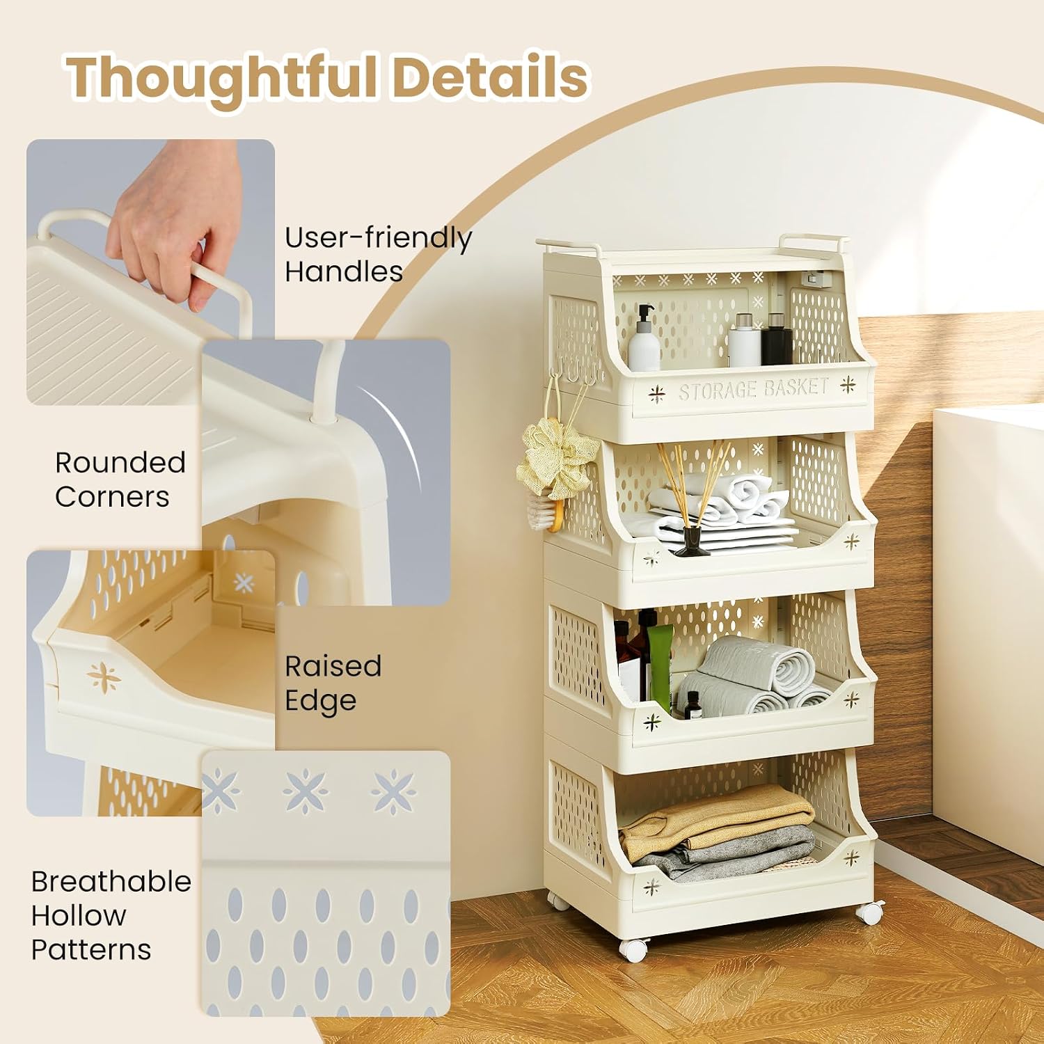5-Tier Rolling Laundry Cart with Wheels, Folding Laundry Basket W/Handles & Hooks 