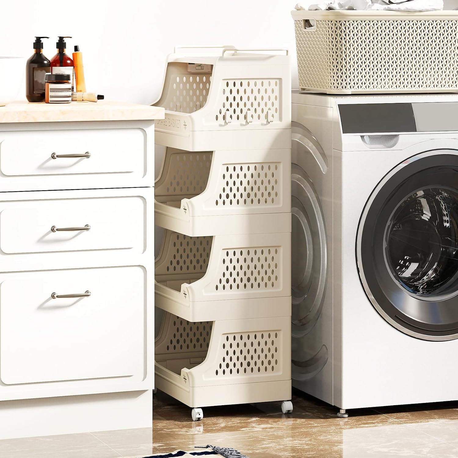 5-Tier Rolling Laundry Cart with Wheels, Folding Laundry Basket W/Handles & Hooks 