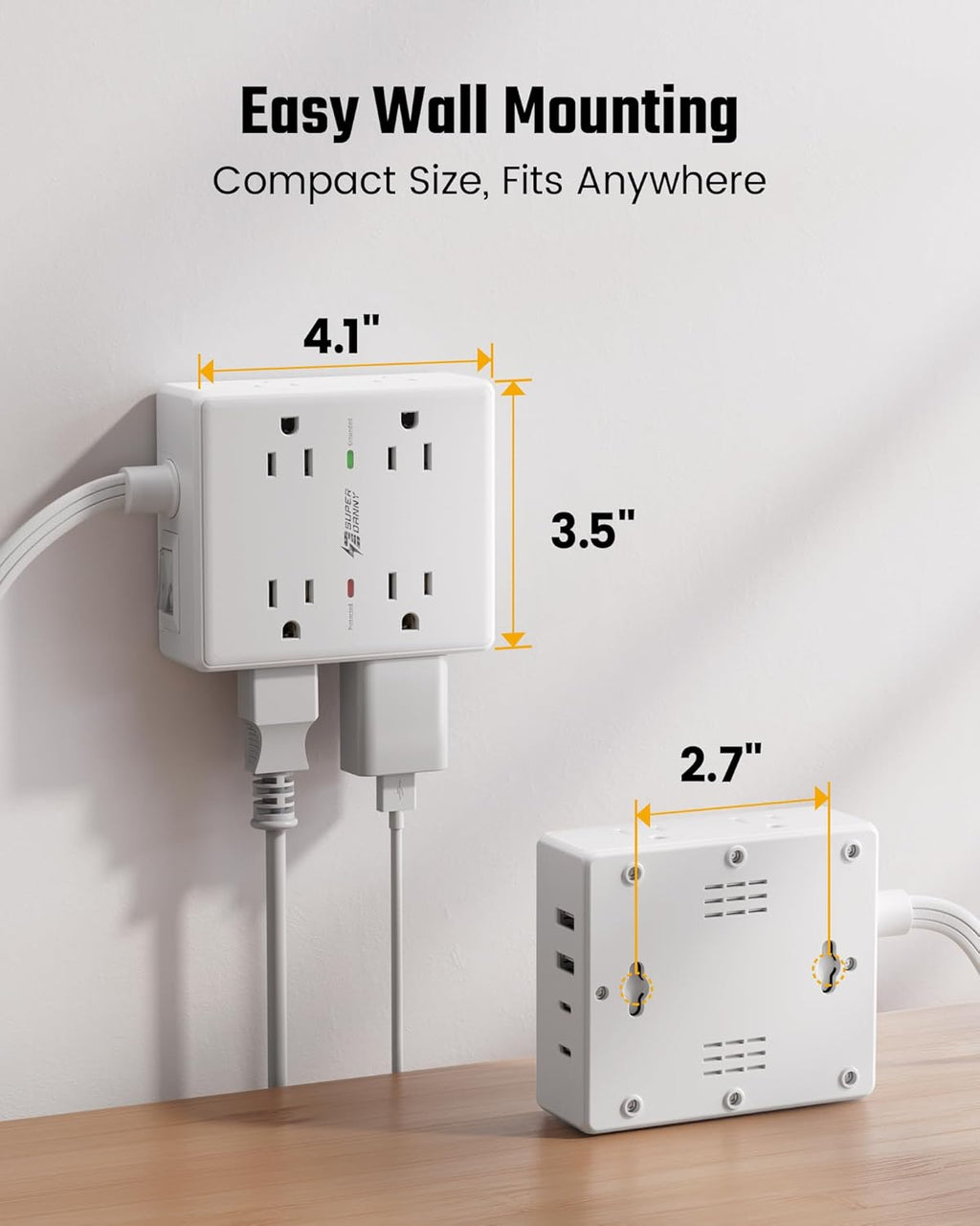 Ultimate Surge Protector Power Bar - 6 Ft Extension Cord with 8 Outlets & 4 USB Ports (2 USB-C), Mountable Flat Plug for Home, Office & Dorm Safety
