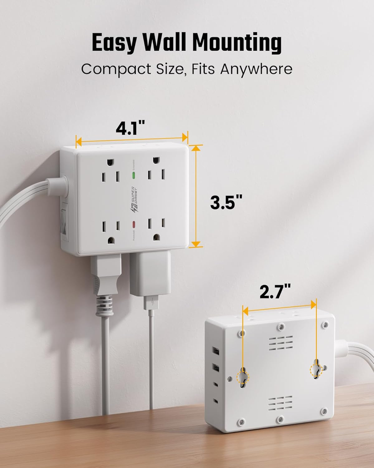Ultimate Surge Protector Power Bar - 6 Ft Extension Cord with 8 Outlets & 4 USB Ports (2 USB-C), Mountable Flat Plug for Home, Office & Dorm Safety