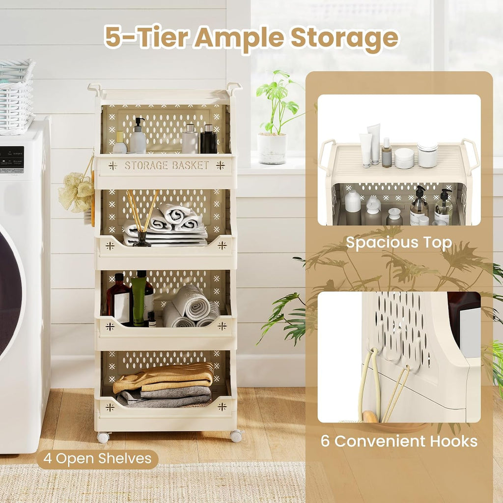 5-Tier Rolling Laundry Cart with Wheels, Folding Laundry Basket W/Handles & Hooks 