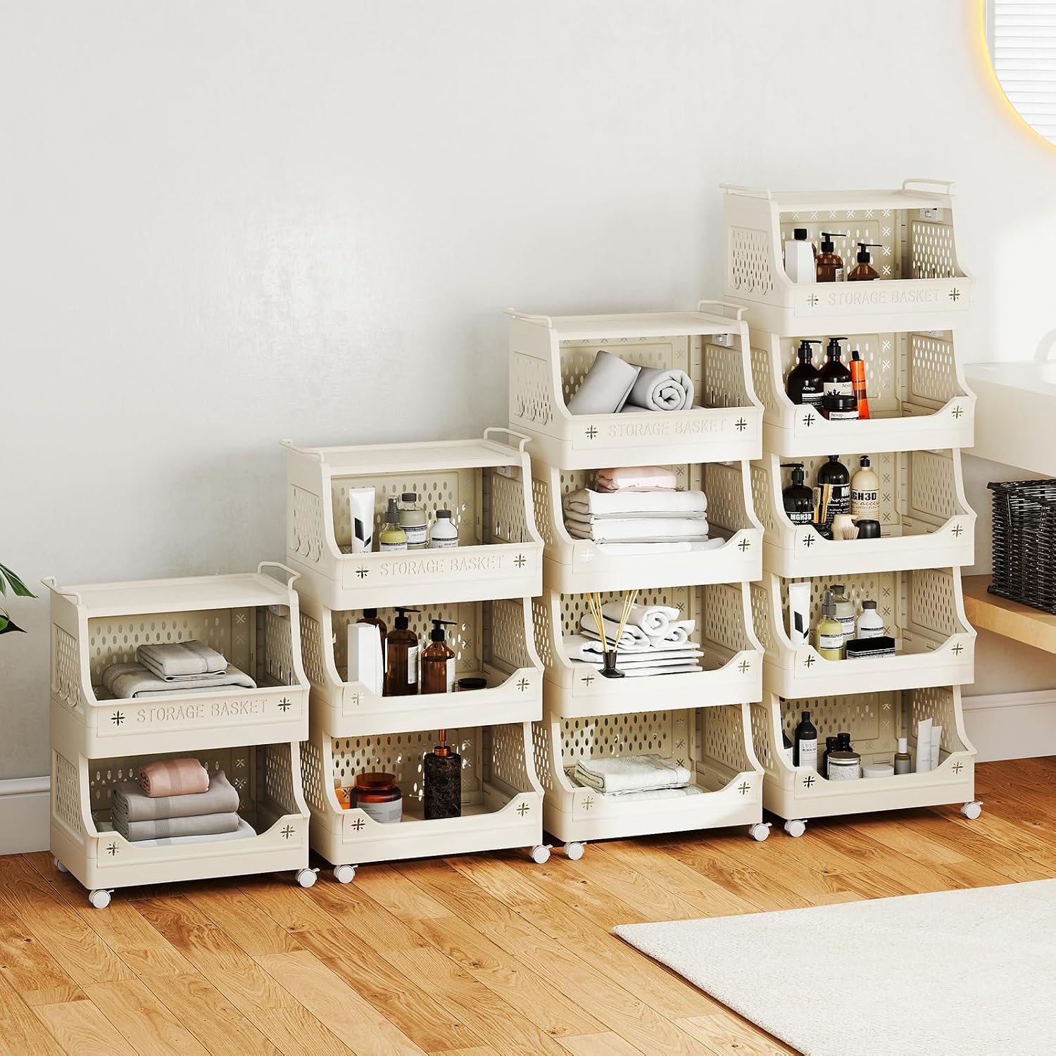 5-Tier Rolling Laundry Cart with Wheels, Folding Laundry Basket W/Handles & Hooks 