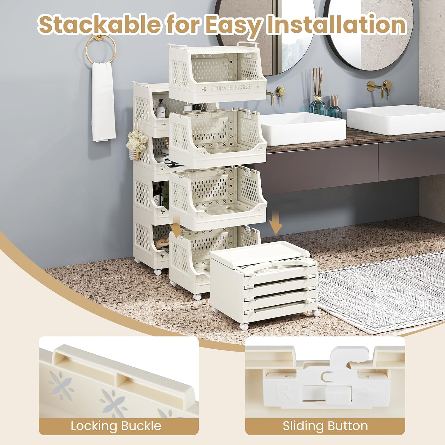 5-Tier Rolling Laundry Cart with Wheels, Folding Laundry Basket W/Handles & Hooks 