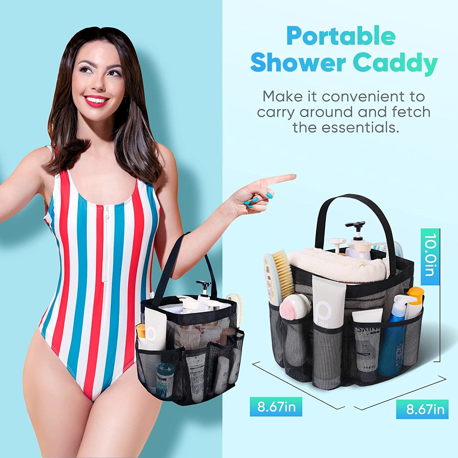 Mesh Portable Shower Caddy (8-Pocket Large Capacity Shower Bag)
