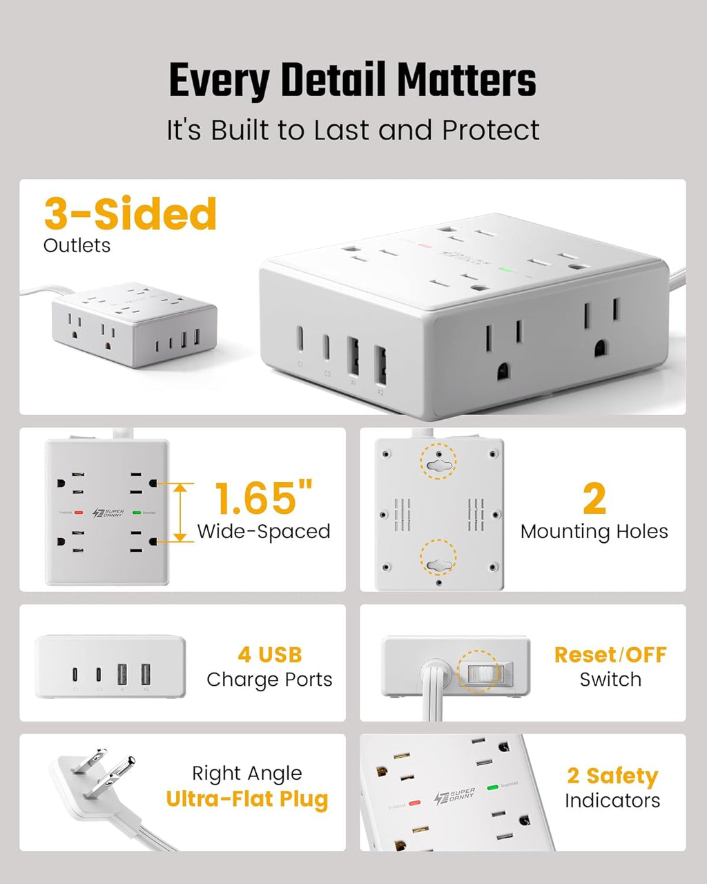 Ultimate Surge Protector Power Bar - 6 Ft Extension Cord with 8 Outlets & 4 USB Ports (2 USB-C), Mountable Flat Plug for Home, Office & Dorm Safety