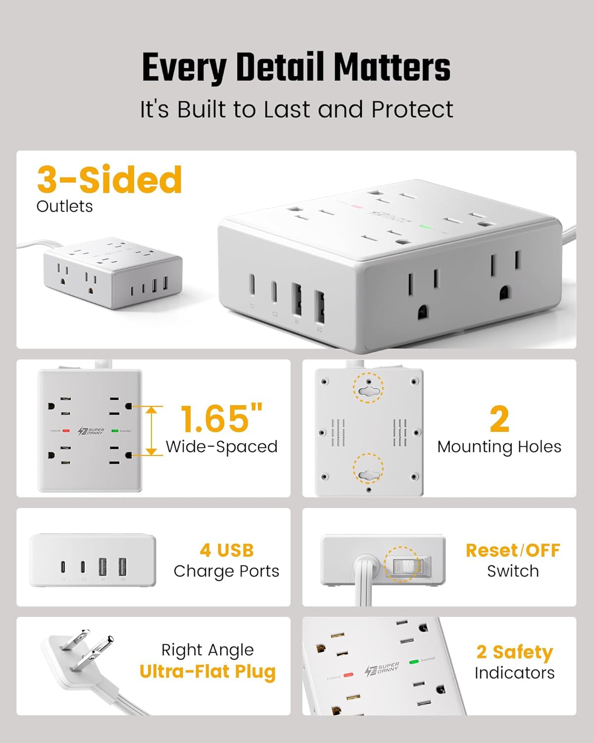 Ultimate Surge Protector Power Bar - 6 Ft Extension Cord with 8 Outlets & 4 USB Ports (2 USB-C), Mountable Flat Plug for Home, Office & Dorm Safety