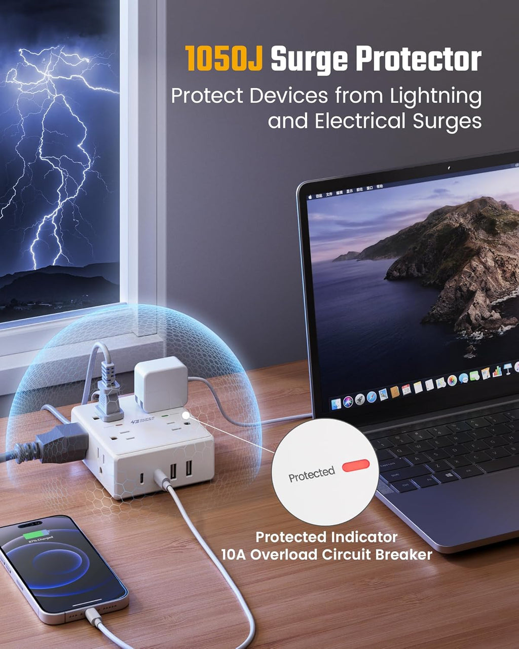 Ultimate Surge Protector Power Bar - 6 Ft Extension Cord with 8 Outlets & 4 USB Ports (2 USB-C), Mountable Flat Plug for Home, Office & Dorm Safety