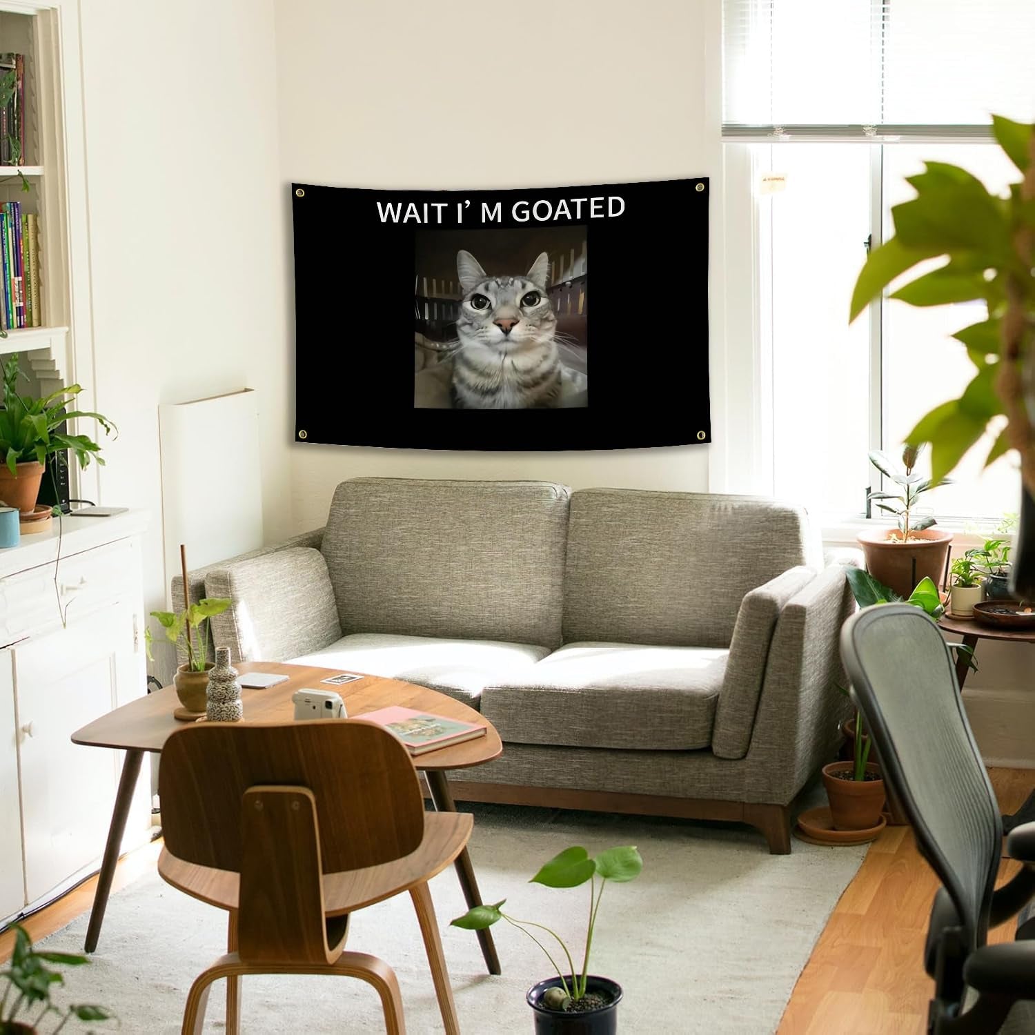  "Wait I'M Goated" Cat Wall Tapestry - 3X5 FT Meme Flag -  Durable Polyester Cat Banner with Brass Grommets