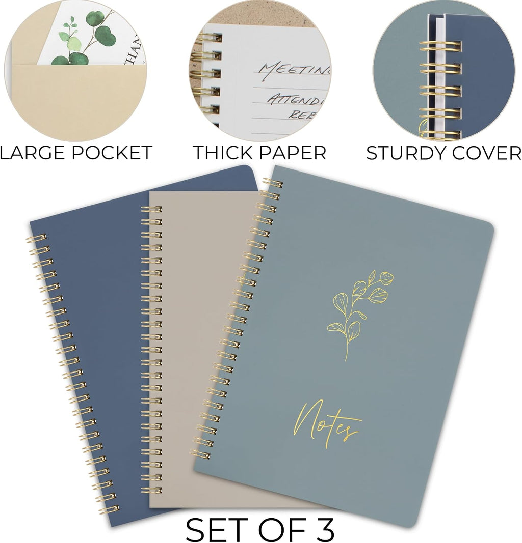 Aesthetic Spiral Notebook Set of 3 - Cute College Ruled 8X6 Journal/Notebook with Large Pockets and Lined Pages 