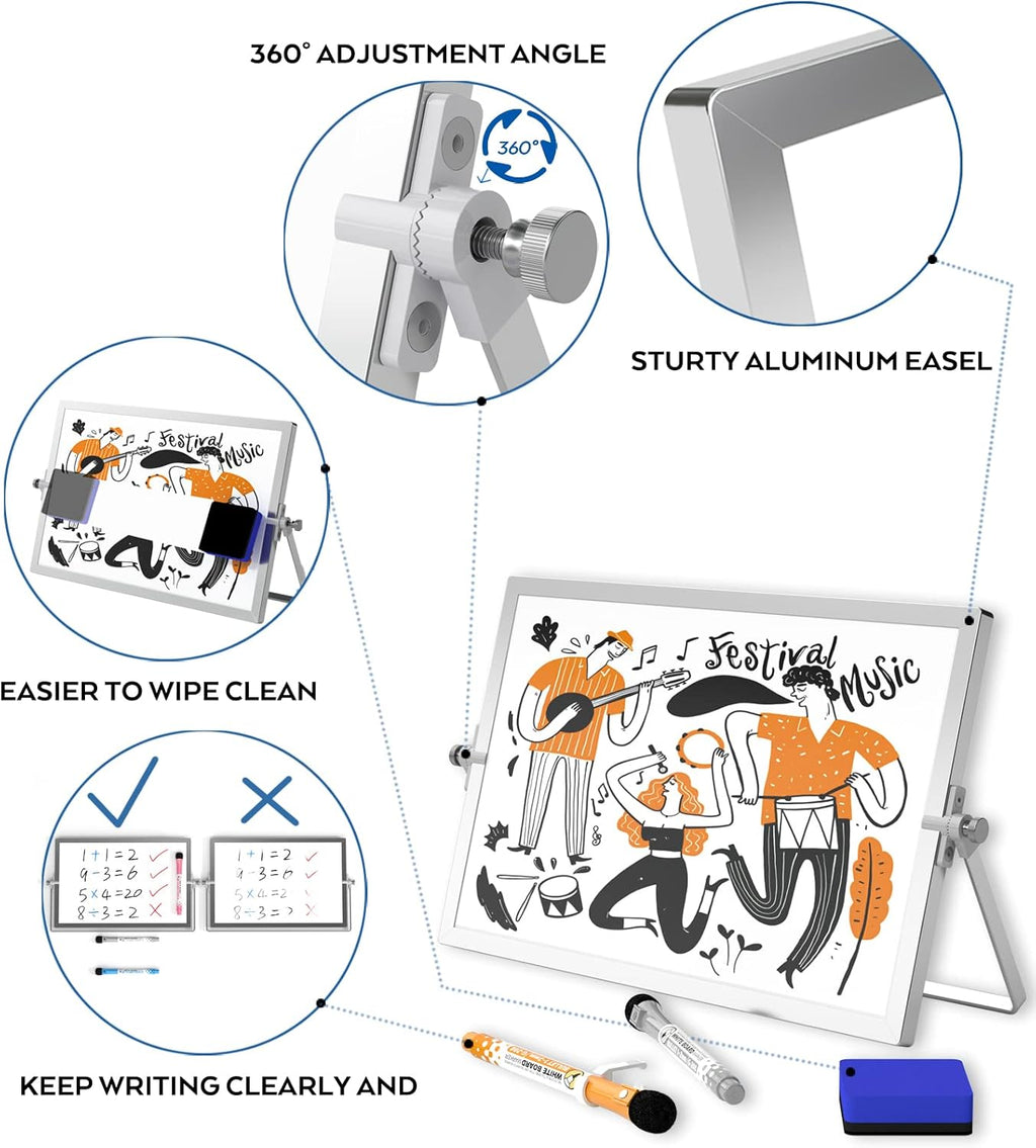  12 X 16 Inch Double Sided Portable Magnetic Dry Erase Whiteboard with Stand (8 Pens, 1 Eraser, 4 Magnets) 