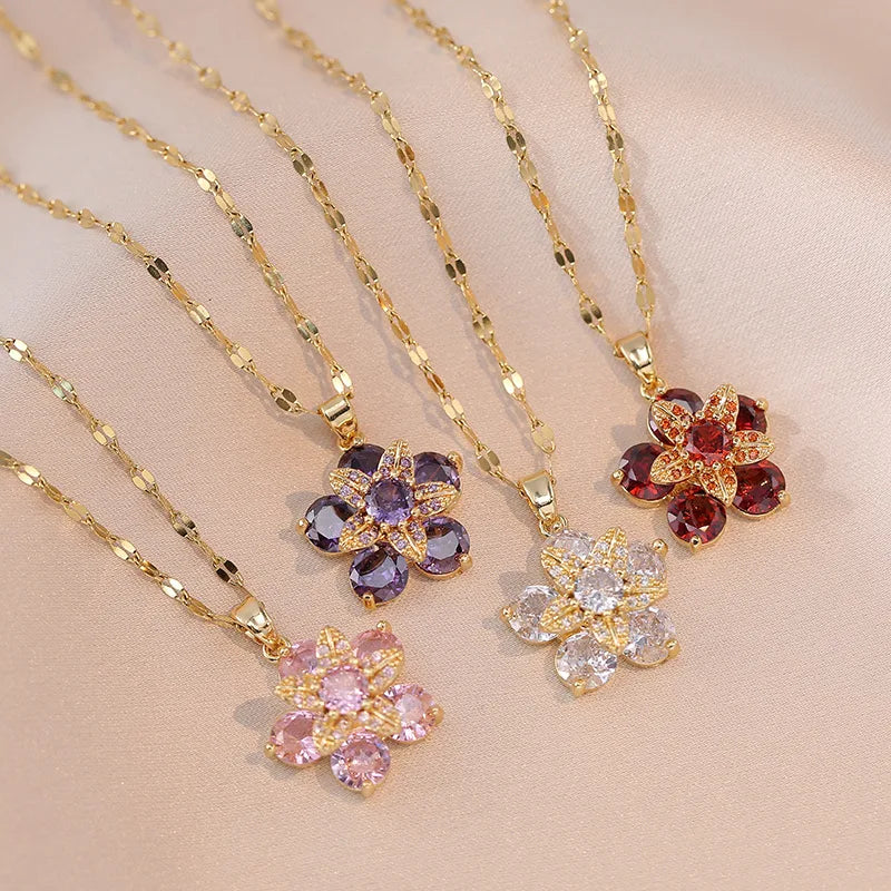 Shiny Zircon Romantic Flower Pendant Necklace for Women 