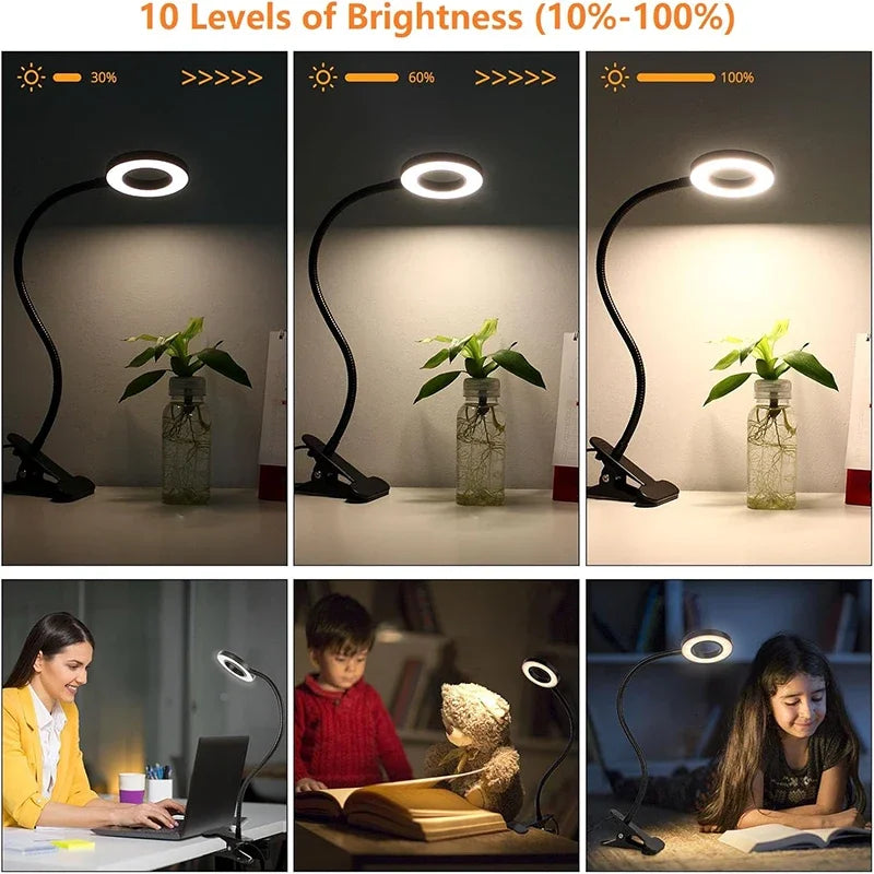 Reading Desk Lamp - Dimmable, 3 Modes & 10 Dimming Levels, USB Clamp Lamps, 360° Flexible Book Clip