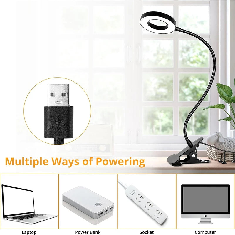 Reading Desk Lamp - Dimmable, 3 Modes & 10 Dimming Levels, USB Clamp Lamps, 360° Flexible Book Clip