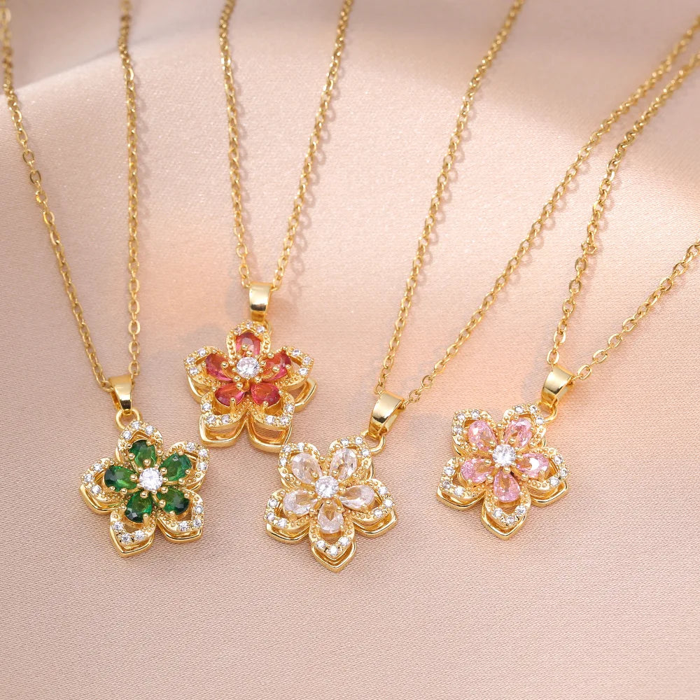 Shiny Zircon Romantic Flower Pendant Necklace for Women 
