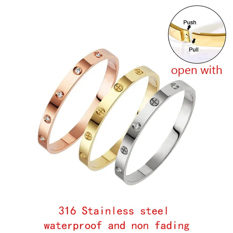 Elegant Zircon and Cross Nut Nail Bracelet/Bangle for Woman - Stainless Steel Screw Jewelry