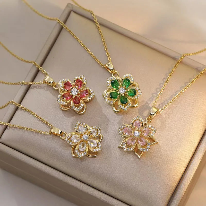Shiny Zircon Romantic Flower Pendant Necklace for Women 