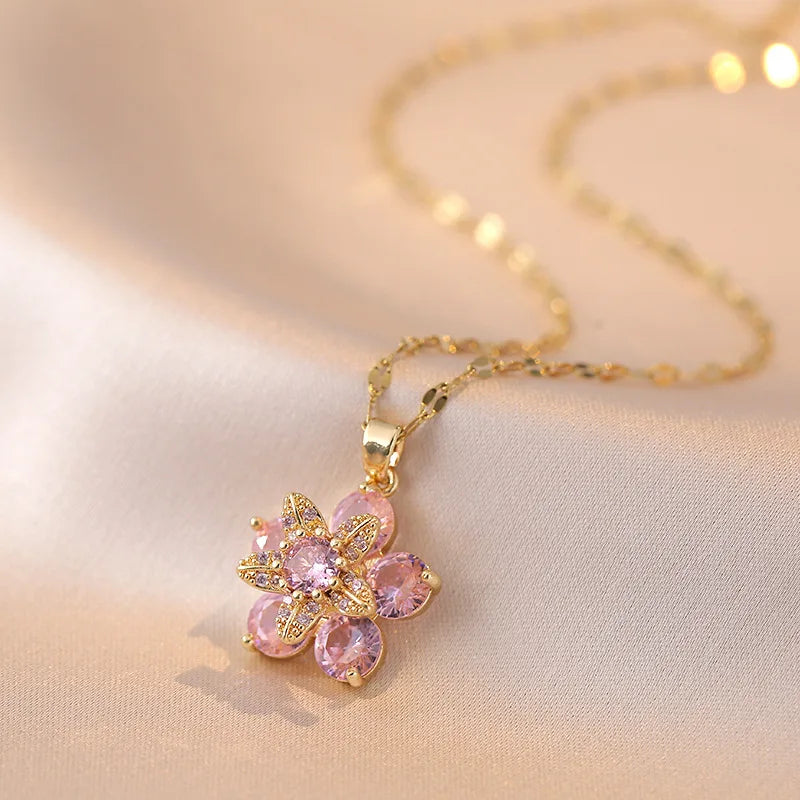 Shiny Zircon Romantic Flower Pendant Necklace for Women 