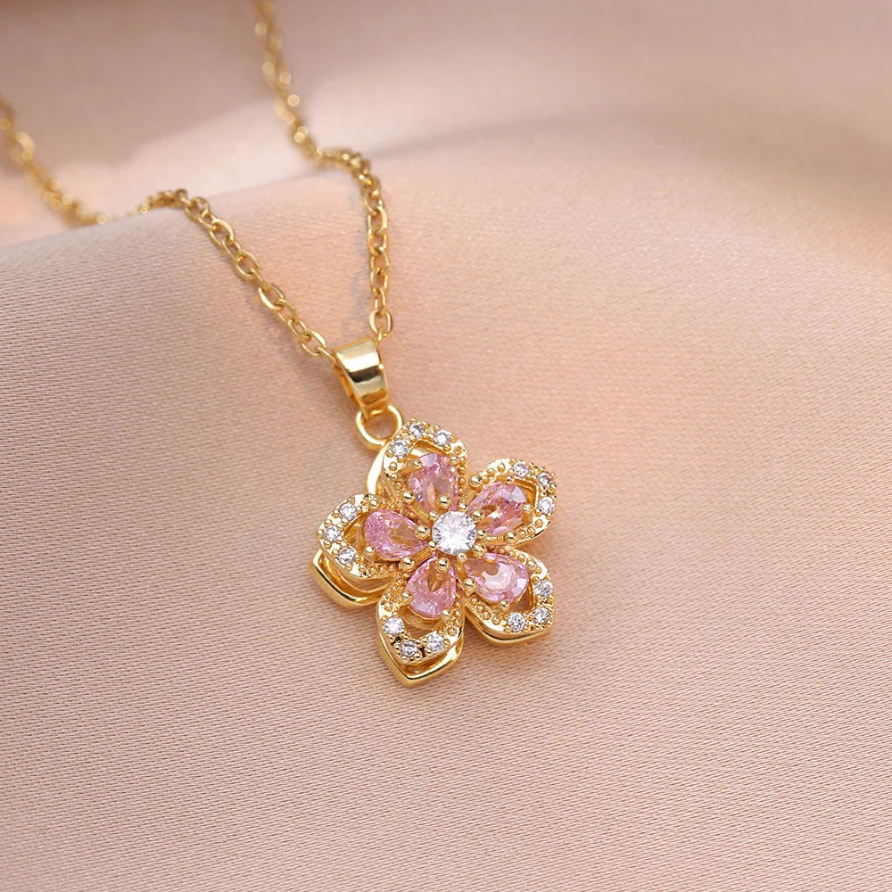 Shiny Zircon Romantic Flower Pendant Necklace for Women 
