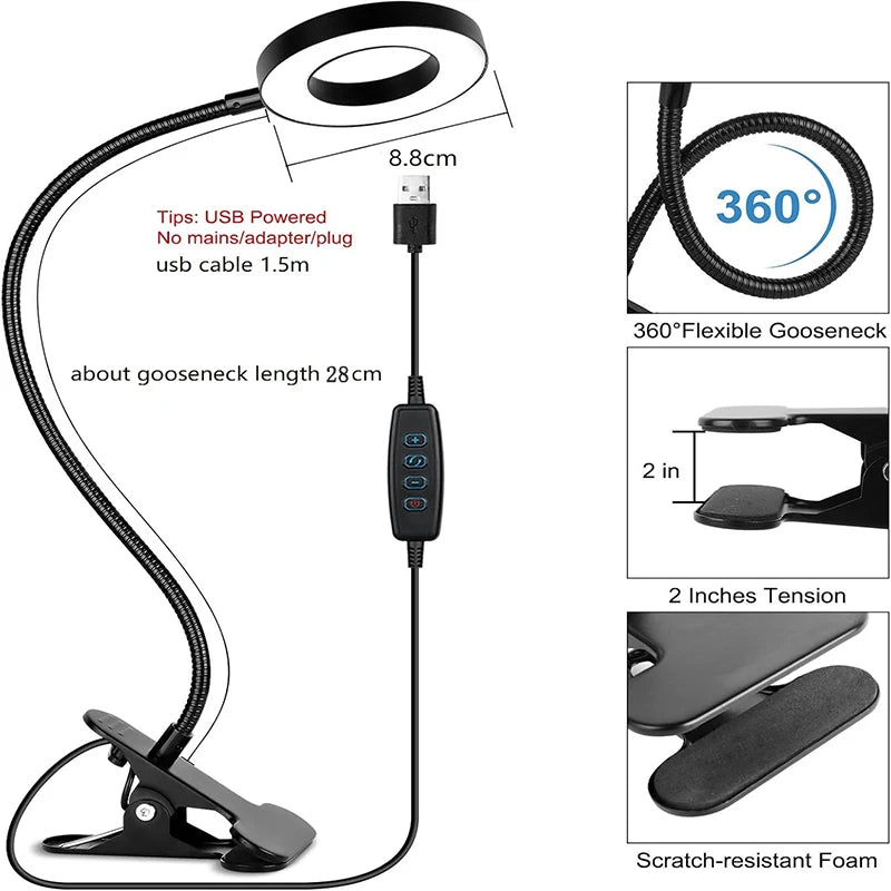 Reading Desk Lamp - Dimmable, 3 Modes & 10 Dimming Levels, USB Clamp Lamps, 360° Flexible Book Clip