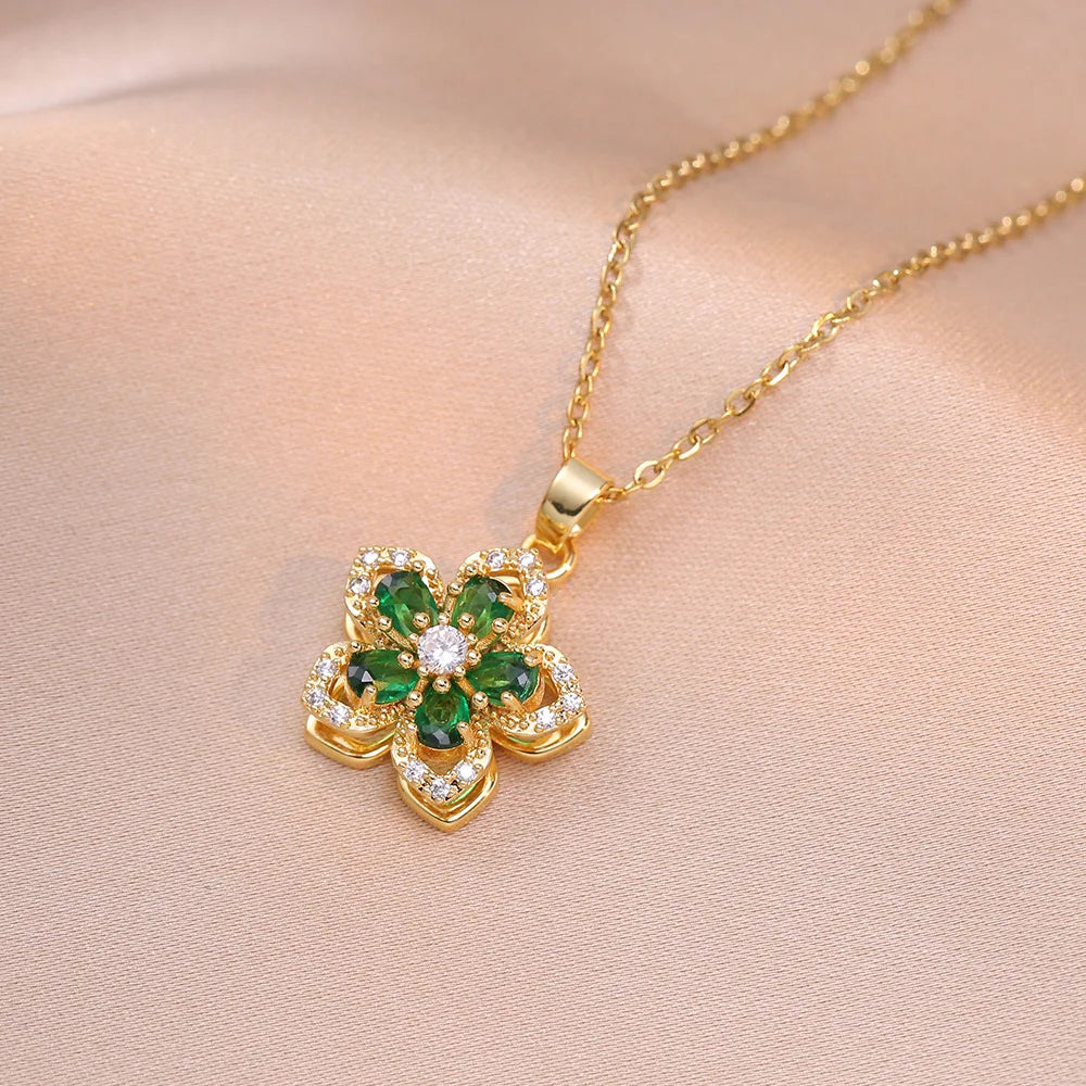 Shiny Zircon Romantic Flower Pendant Necklace for Women 