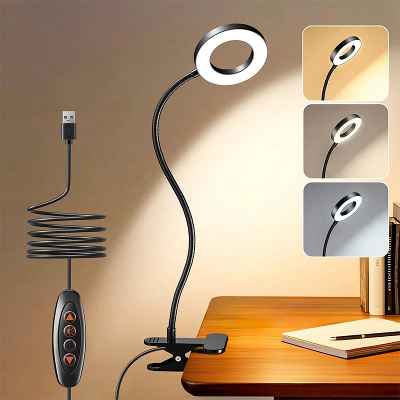 Reading Desk Lamp - Dimmable, 3 Modes & 10 Dimming Levels, USB Clamp Lamps, 360° Flexible Book Clip