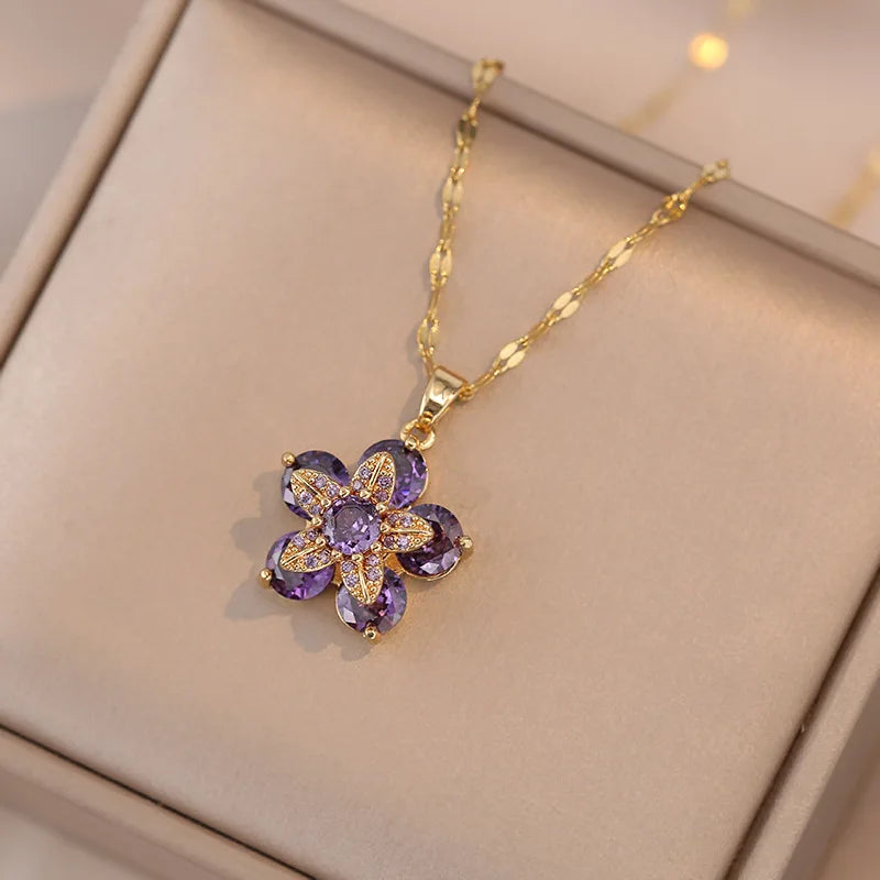 Shiny Zircon Romantic Flower Pendant Necklace for Women 
