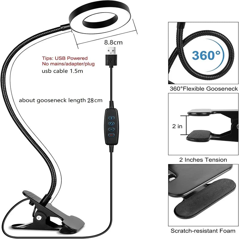 Reading Desk Lamp - Dimmable, 3 Modes & 10 Dimming Levels, USB Clamp Lamps, 360° Flexible Book Clip