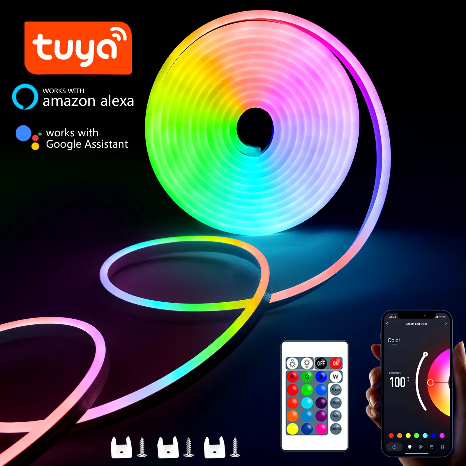 RGB Neon LED Strip 1/2/3/5M IP65 - Waterproof DIY USB Neon Strip, Tuya App Remote Control