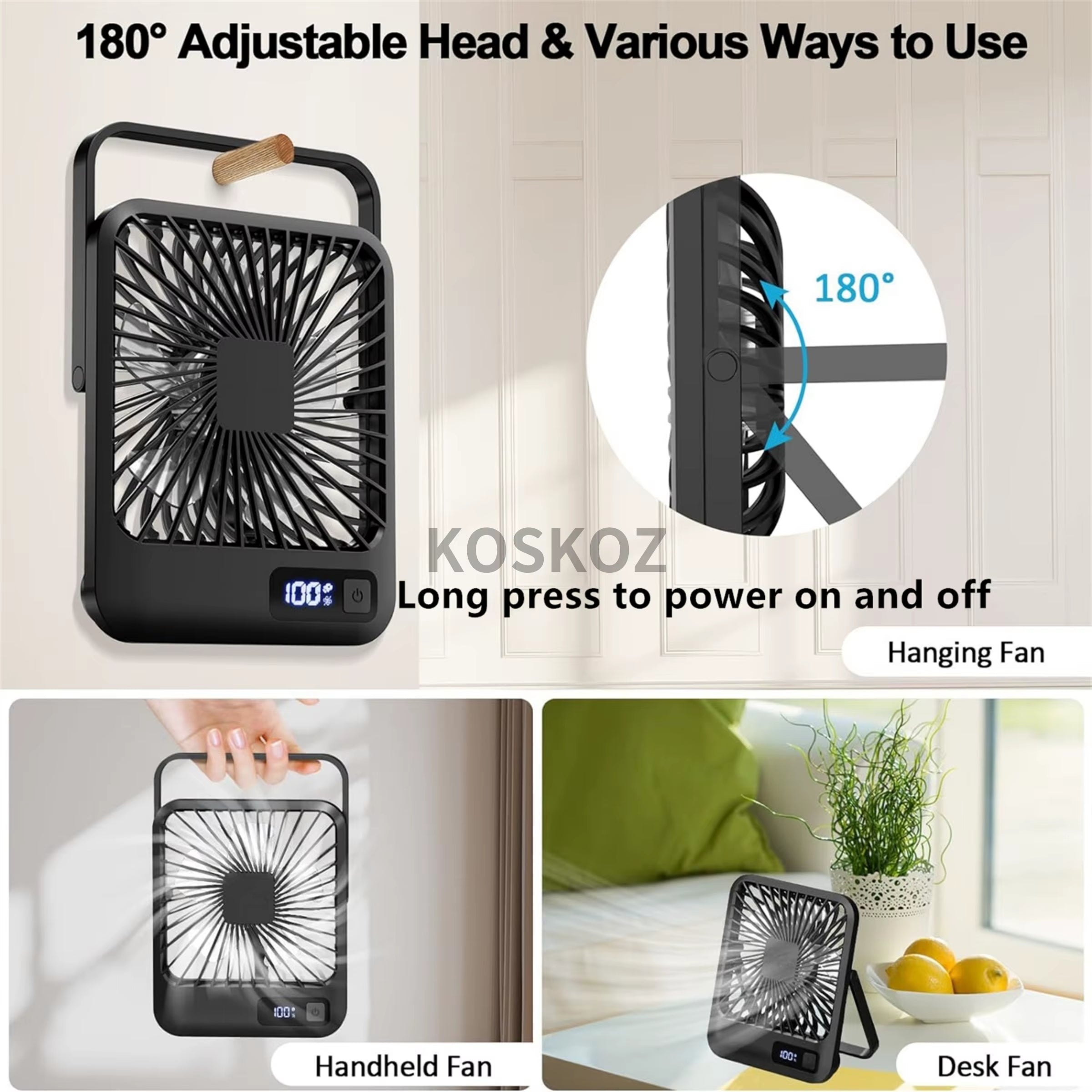  Portable Desk Fan - USB Rechargeable, 180° Tilt Folding Personal Fan with Power Display, 5 Speeds Ultra Quiet Table Fan