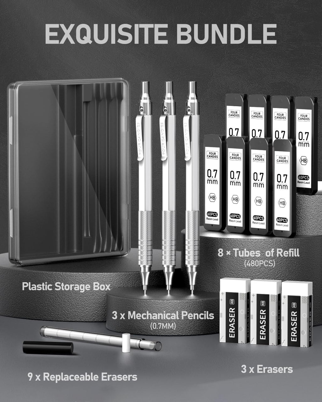 0.7Mm Mechanical Lead Pencil Set with Case - 3PCS, 8 Tubes (480PCS) HB Lead Refills, 3 Erasers, 9 Eraser Refills