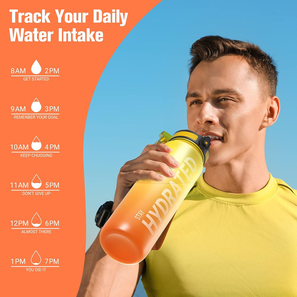 32Oz Motivational Sports Water Bottle with Time Marker - BPA Free, Wide Mouth Leakproof, Fast Flow Technology with Clean Brush (1 Bottle)