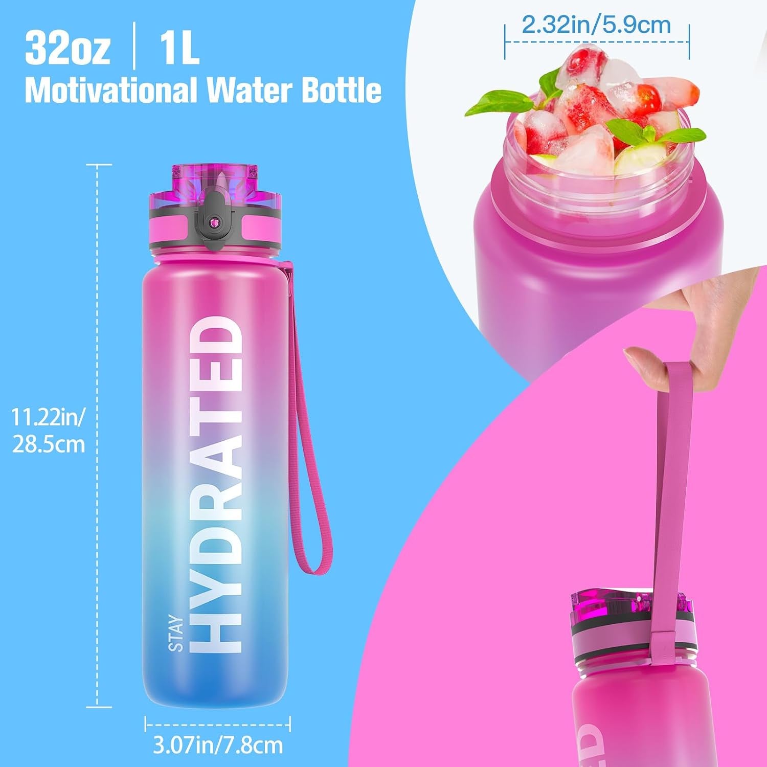 Motivational Sports Water Bottle with Time Marker - BPA Free, Wide Mouth Leakproof, Fast Flow Technology with Clean Brush (1 Bottle)