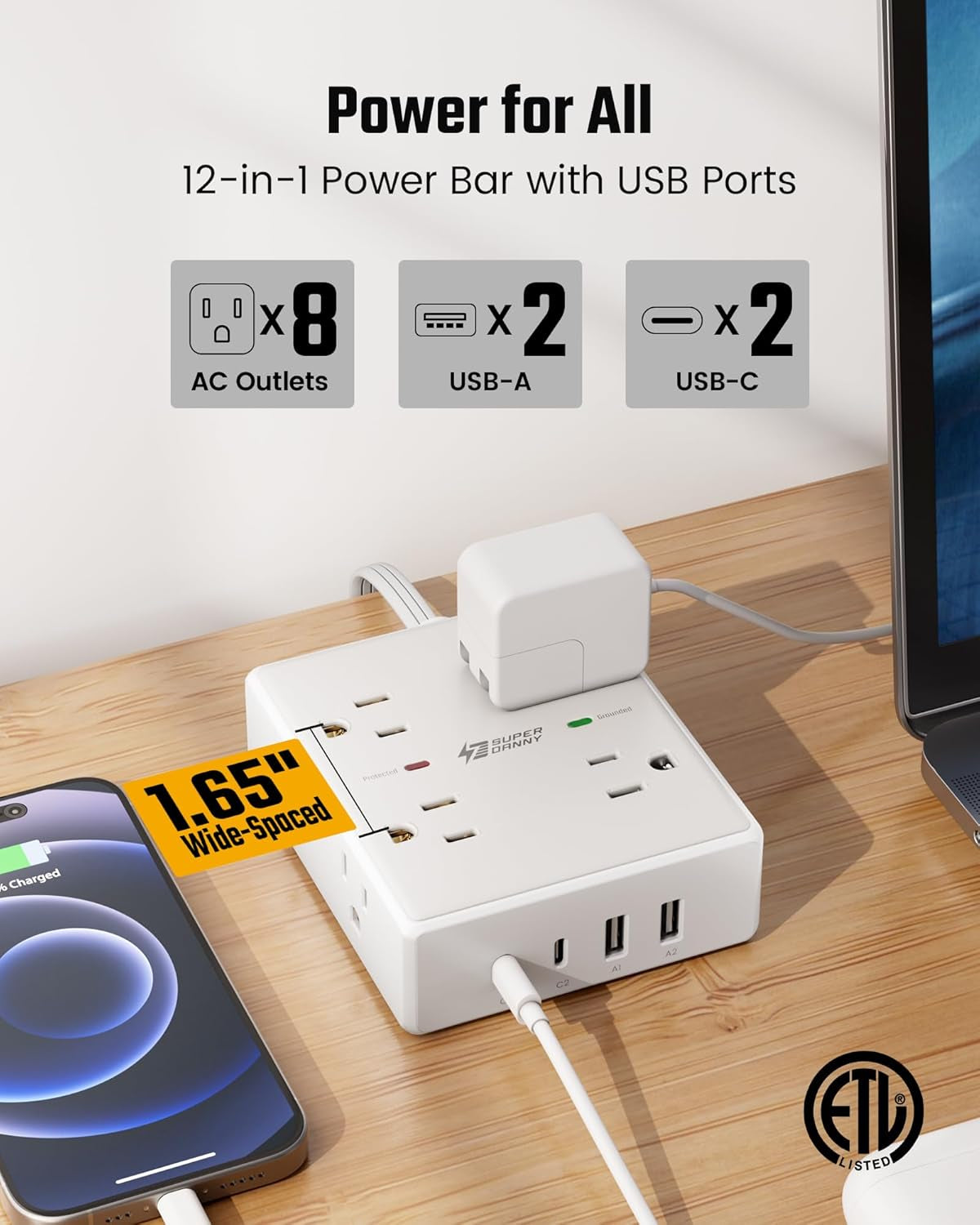 Ultimate Surge Protector Power Bar - 6 Ft Extension Cord with 8 Outlets & 4 USB Ports (2 USB-C), Mountable Flat Plug for Home, Office & Dorm Safety