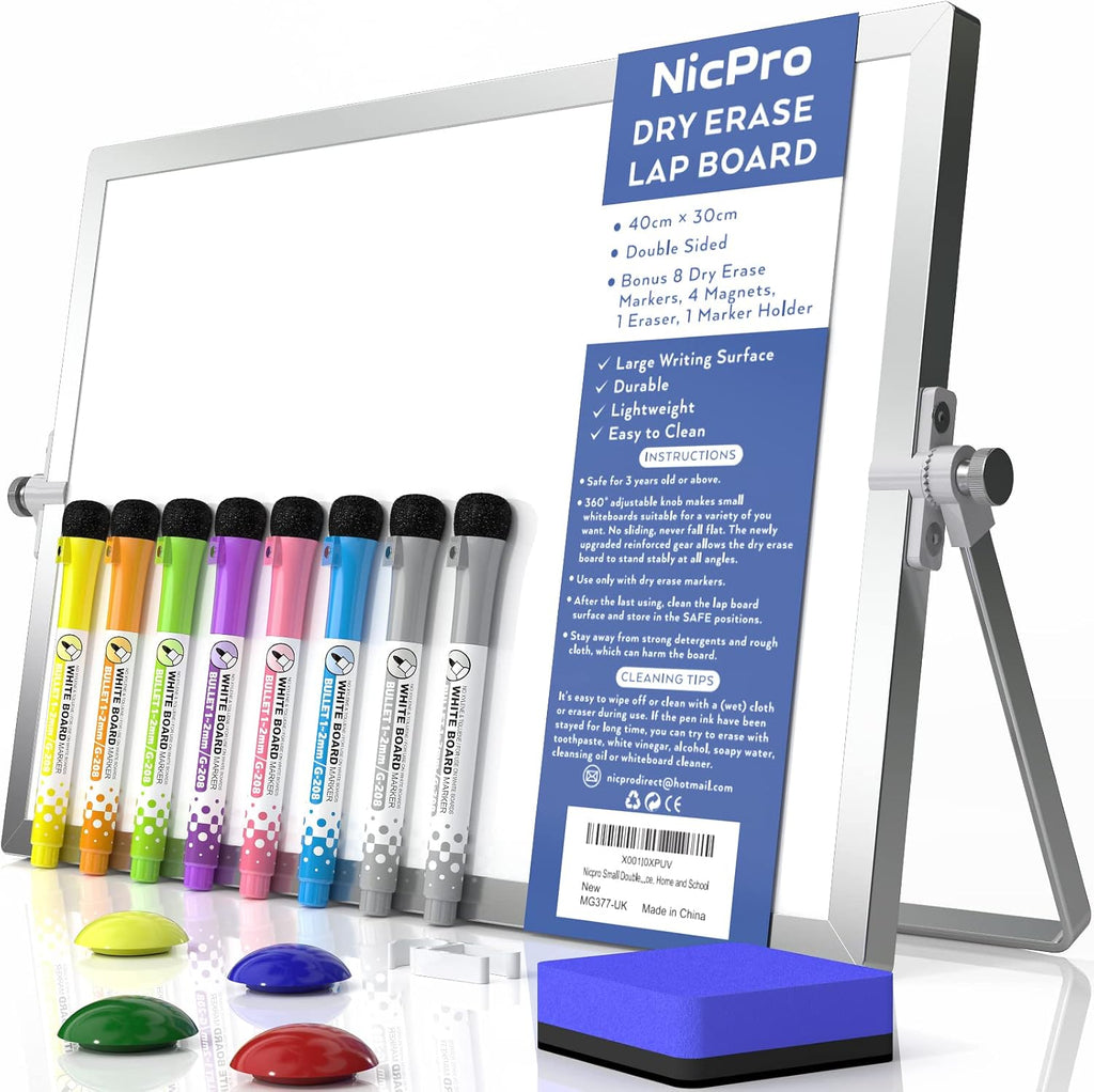  12 X 16 Inch Double Sided Portable Magnetic Dry Erase Whiteboard with Stand (8 Pens, 1 Eraser, 4 Magnets) 