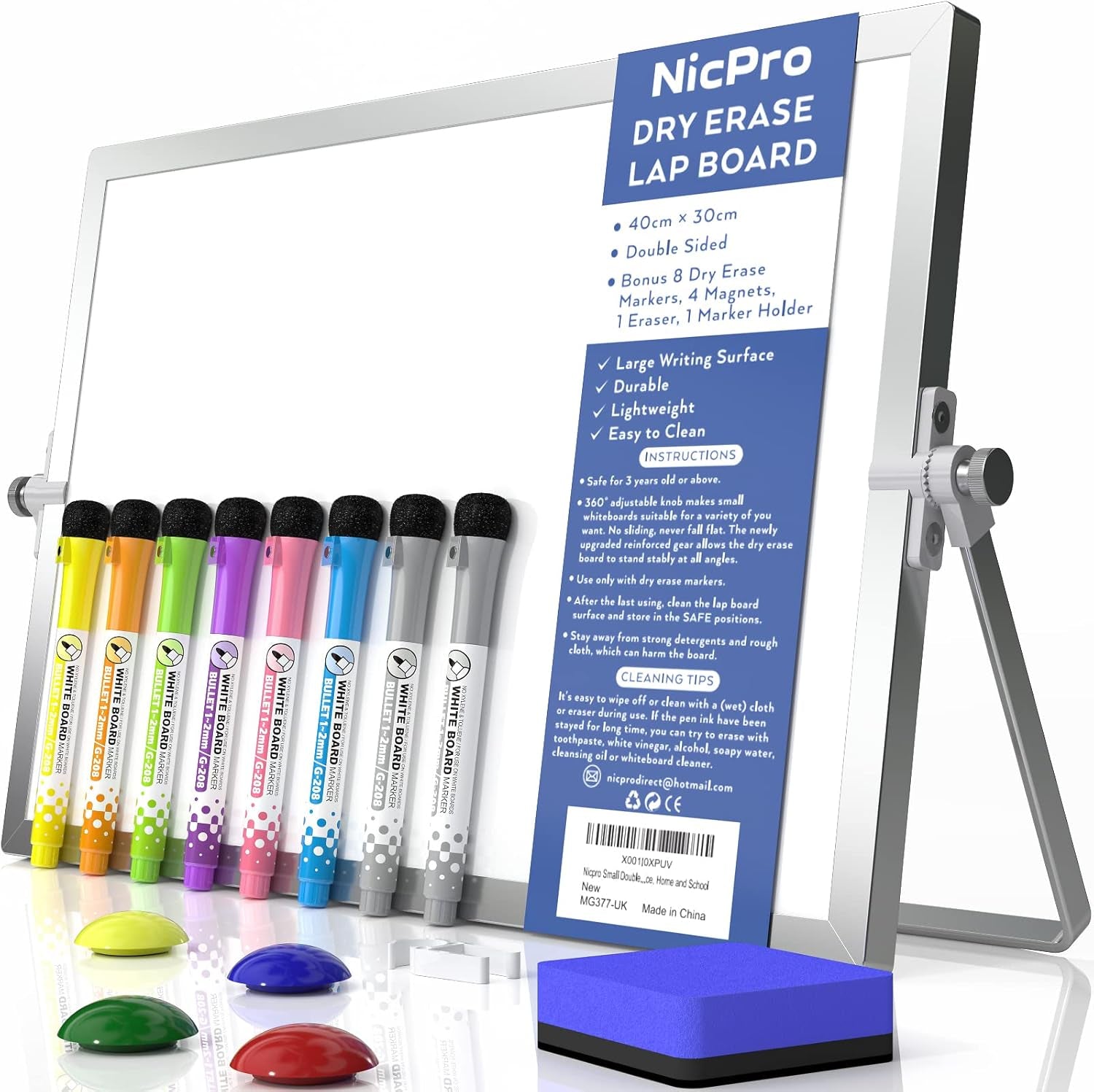  12 X 16 Inch Double Sided Portable Magnetic Dry Erase Whiteboard with Stand (8 Pens, 1 Eraser, 4 Magnets) 