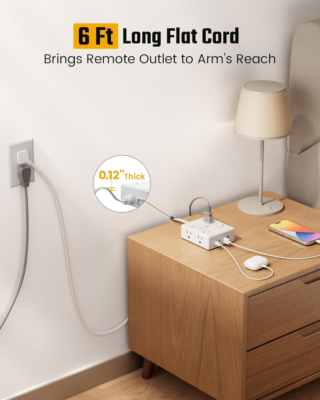 Ultimate Surge Protector Power Bar - 6 Ft Extension Cord with 8 Outlets & 4 USB Ports (2 USB-C), Mountable Flat Plug for Home, Office & Dorm Safety